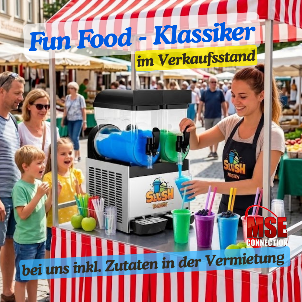 Fun Food Stand Slusheis mieten mit Zubehör und Slusheismaschine