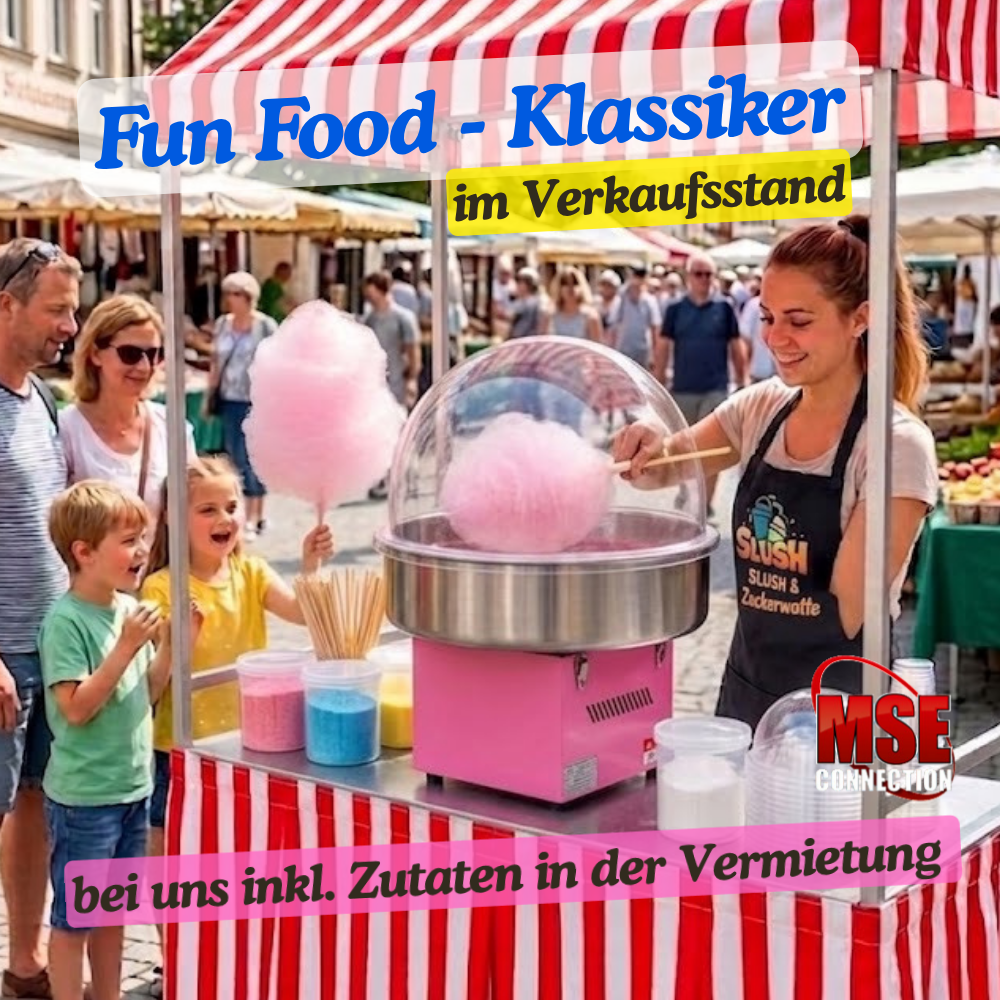 Fun Food Stand Zuclerwatte mieten mit Zubehör und Zuckerwattenmaschine